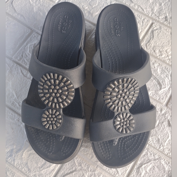 Crocs Womens Monterey Diamante Slide Wedge Sandals Size 11 Open Toe Floral Black - Picture 1 of 6